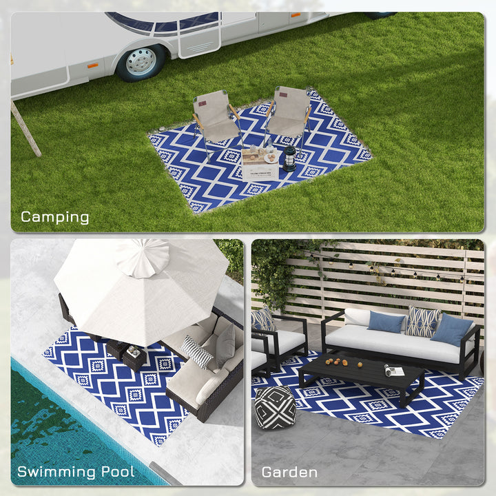 Outsunny Reversible Outdoor Rug, Plastic Straw, Portable with Carry Bag, 182 x 274cm, Blue and White