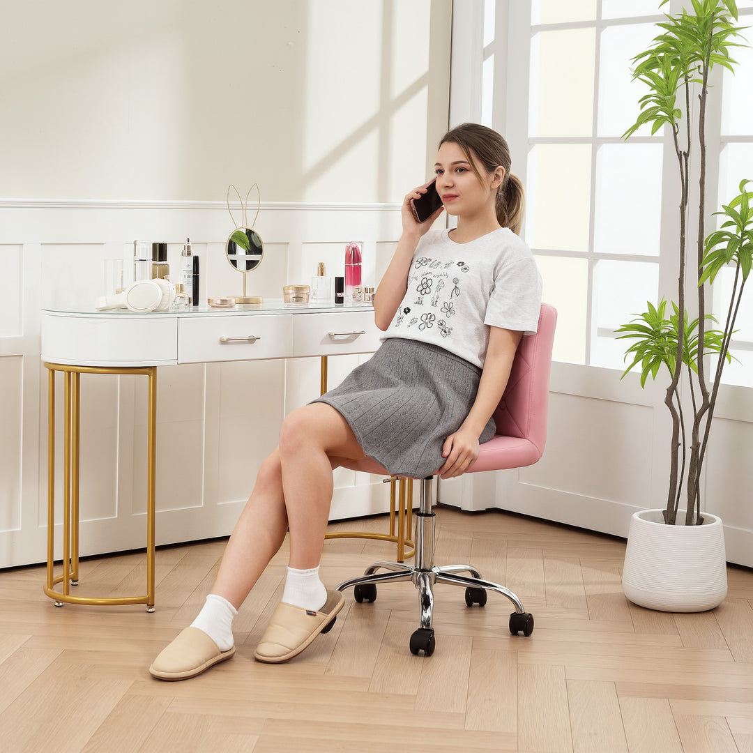 PU Leather Armless Office Chair, Modern Vanity Computer Swivel Chair with Rolling Wheels and Adjustable Height for Home Study, Bedroom, Pink