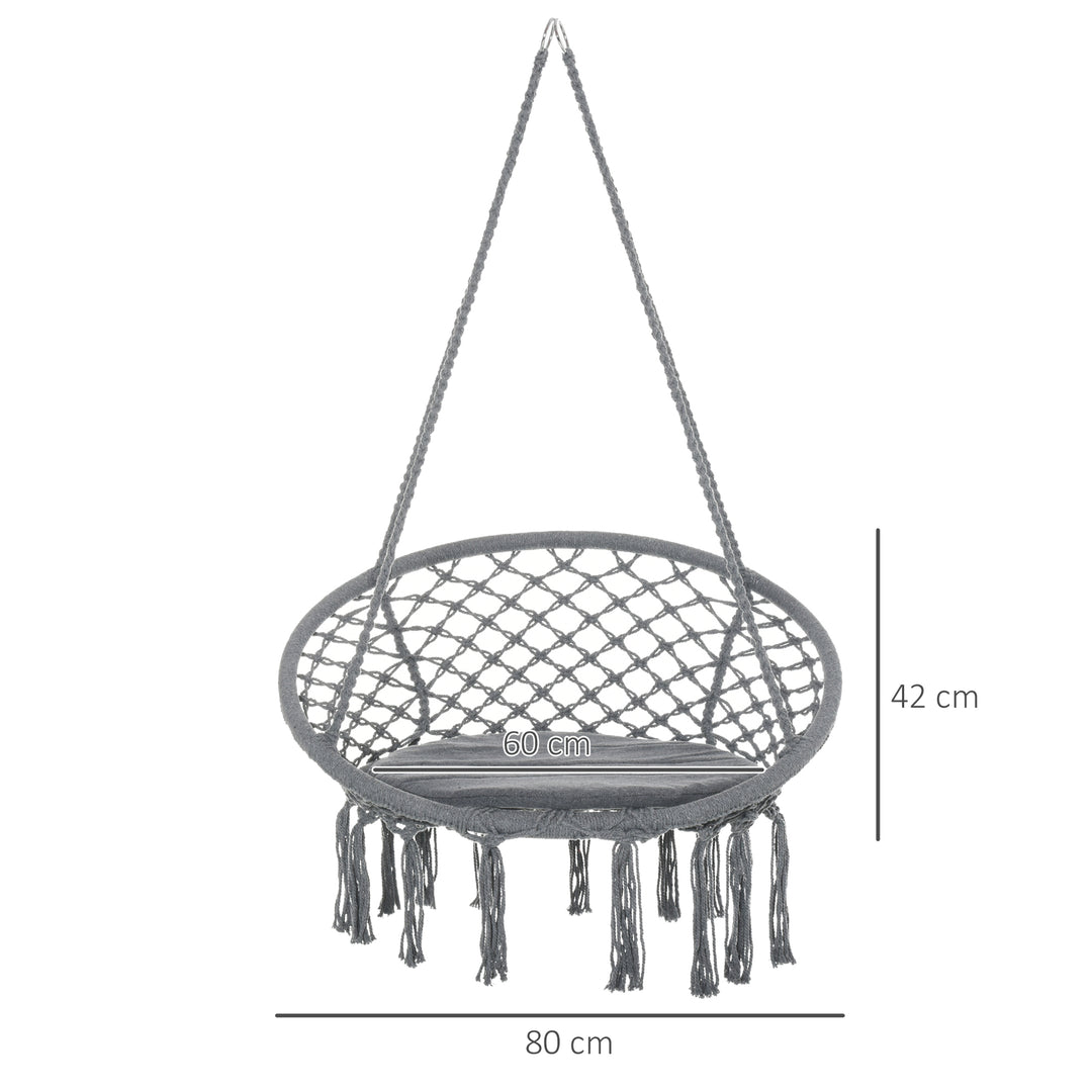 Outdoor Cotton-Polyester Blend Macrame Hanging Rope Chair with Cushion, Portable Garden Chair with Fringe Tassels for Patio, Deck, Tree, Grey