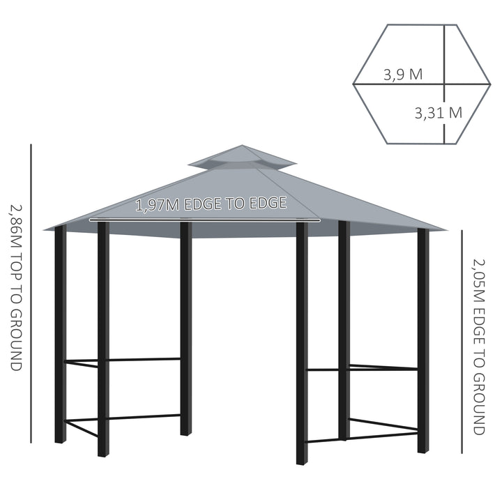 MCL 3 x 3(m) Hexagon Gazebo Patio Canopy Party Tent Outdoor Garden Shelter w/ 2 Tier Roof & Side Panel - Grey