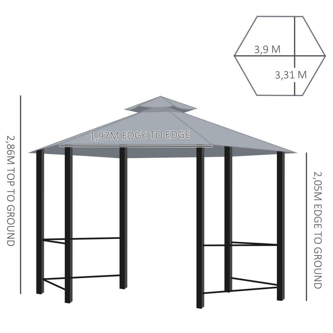 3 x 3(m) Hexagon Gazebo Patio Canopy Party Tent Outdoor Garden Shelter w/ 2 Tier Roof & Side Panel - Grey