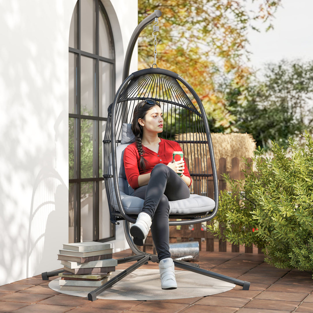 Rattan Hanging Egg Chair with Stand, Foldable Wicker Swing Egg Chair with Cushion, Head Pillow, Steel Frame, Hammock Chair for Indoor Outdoor, Capacity 150 kg, Dark Grey
