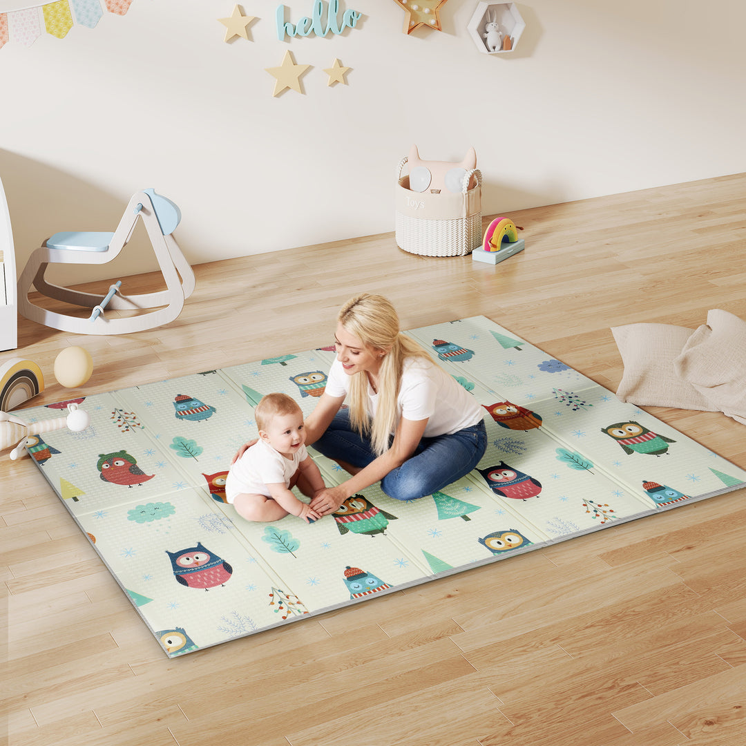 MCL Foldable Baby Plat Mat Double Sided, Kids Floor Mat for Crawling, 195.5L x 147.5W cm, Car track and Owl Theme