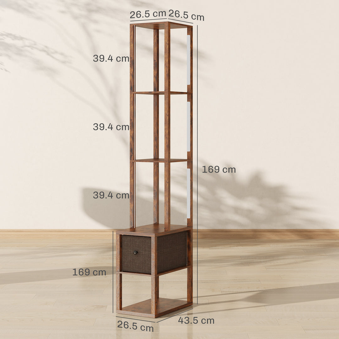 Floor Lamp with Shelves, LED Column Modern Standing Lamp with Fabric Drawer, Adjustable Brightness, Foot Switch for Living Room, Bedroom, Office, Rustic Brown