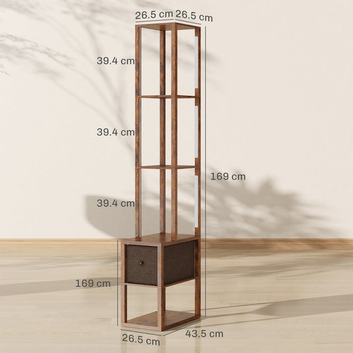 Floor Lamp with Shelves, LED Column Modern Standing Lamp with Fabric Drawer, Adjustable Brightness, Foot Switch for Living Room, Bedroom, Office, Rustic Brown