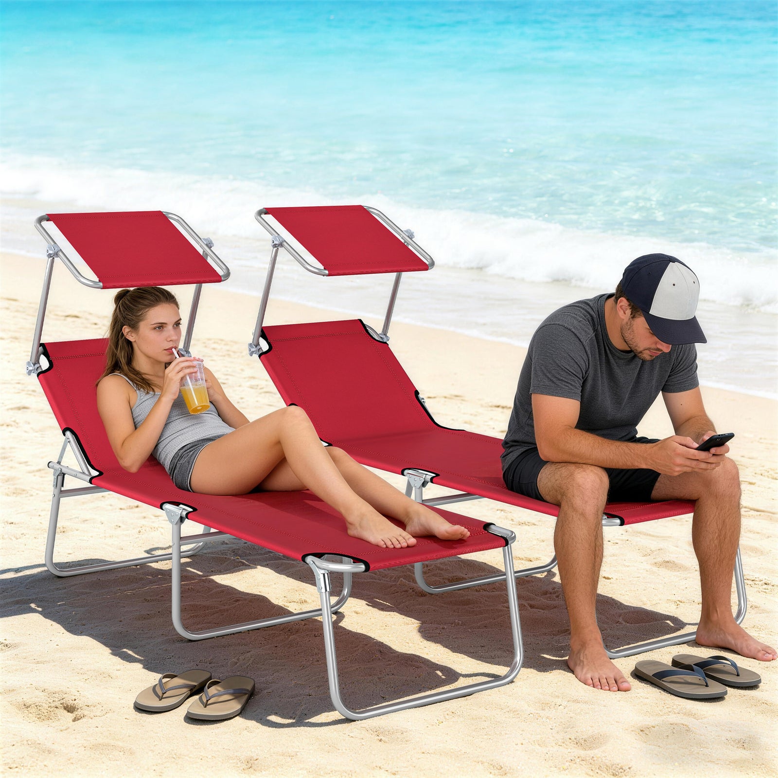 Outdoor Foldable Sun Lounger Set of 2, 4 Level Adjustable Backrest Rec