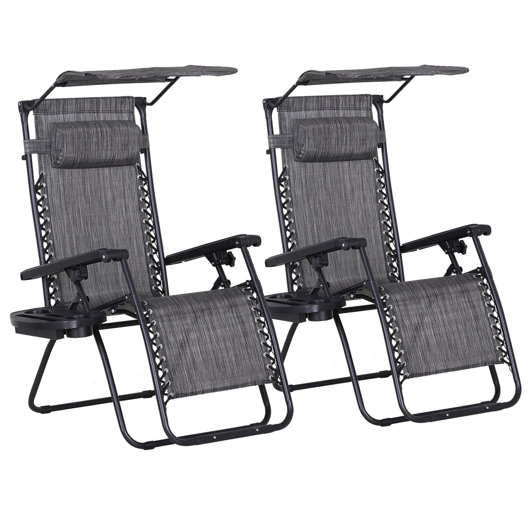 2 Piece Foldable Reclining Garden Chair with Headrest, Zero Gravity Deck Sun Lounger Seat Chair with Footrest, Armrest, Cup Holder & Canopy Shade, Grey