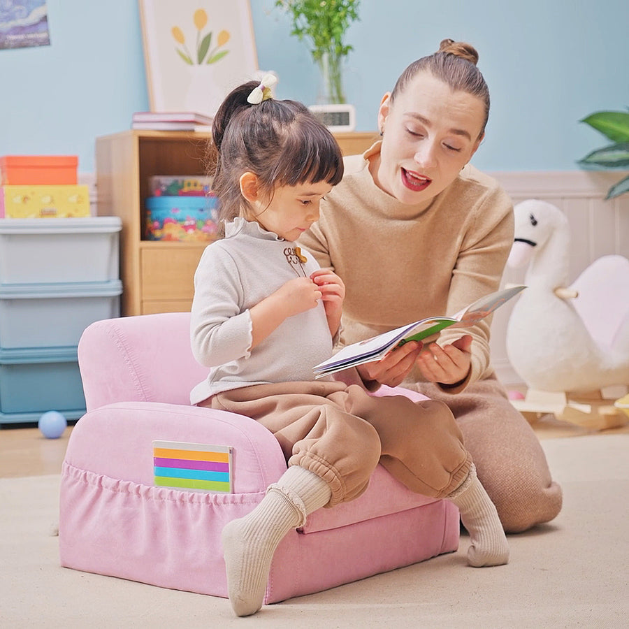 2-in-1 Kids Armchair, Toddler Sofa Bed, with Wood Frame, for Bedroom, Playroom - Pink