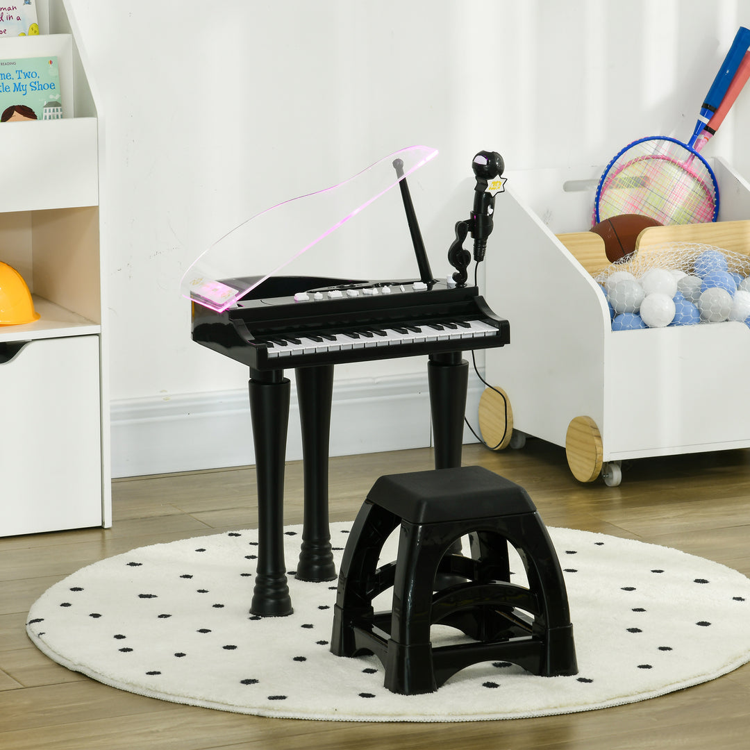 AIYAPLAY Children's 32-Key Piano Keyboard, with Stool, Lights, Microphone, Sounds, for Aspiring Musicians, Black | Aosom UK