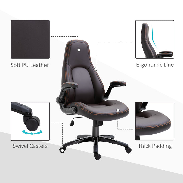 Computer Gaming Chair, PU Leather Office Chair, Swivel Desk Chair with Adjustable Arms and Height, Padded Armrest and Seat, Rolling Wheels, Coffee