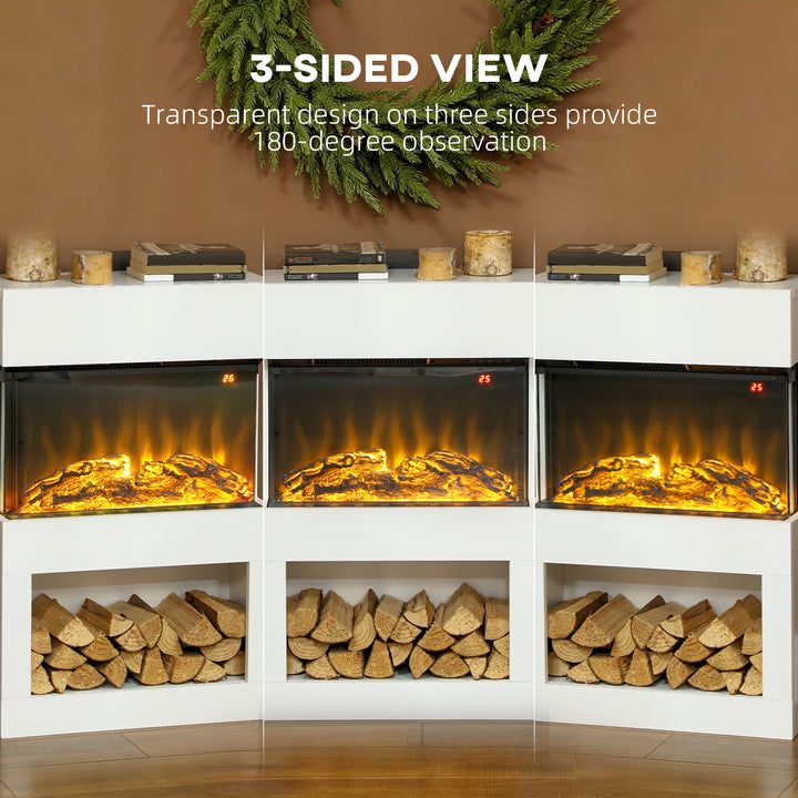 HOMCOM Electric Fireplace with 3D Flame Effect, 6 Colours & 3 Brightness Levels, 1000W/2000W White Electric Fire and Mantel Reach up to 30㎡ Space with Remote & Timer, 3 Sided View for Living Room