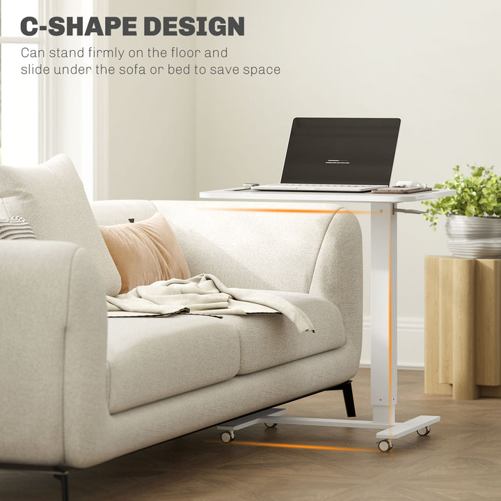 Height Adjustable Standing Desk, Pneumatic Sit Stand Desk for Laptop, Mobile Overbed Table with Wheels for Home Office, White