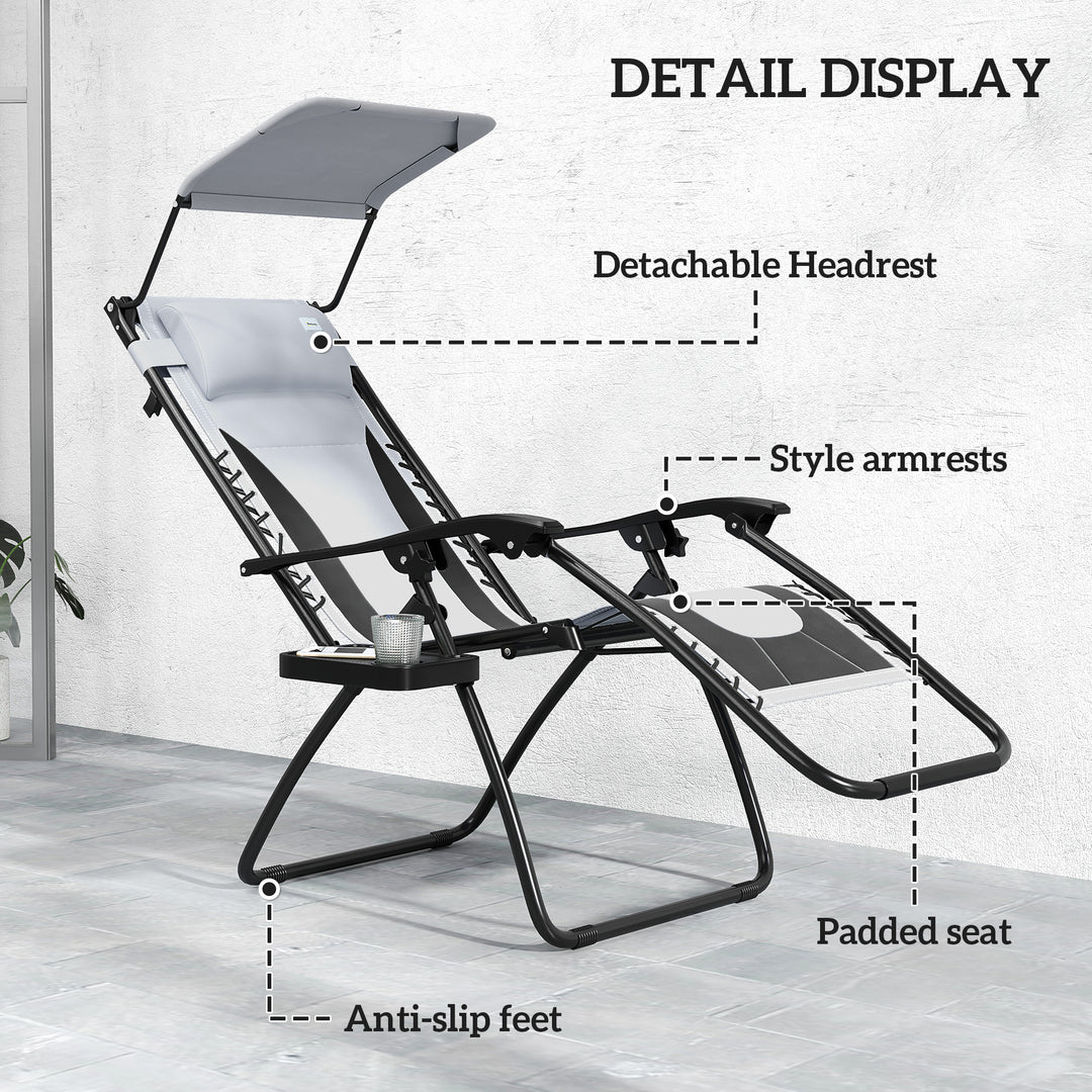 Zero Gravity Lounger Chair Set of 2, Folding Reclining Patio Chair with Shade Cover, Padded Seat, Cup Holder, Soft Cushion and Headrest for Poolside, Camping, Light Grey