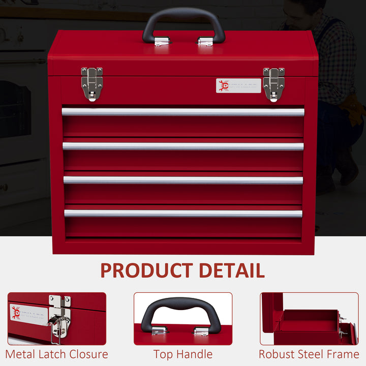 Lockable Metal Tool Box, 4 Drawer Tool Chest with Latches, Handle, Ball Bearing Runners, Red