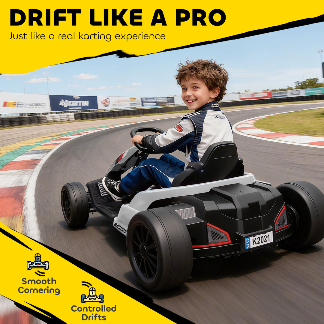 24V Electric Go Kart, Drift Kart with Adjustable Seat, Slow Start, 5-Point Harness, Music, Horn, for 6-12 Years