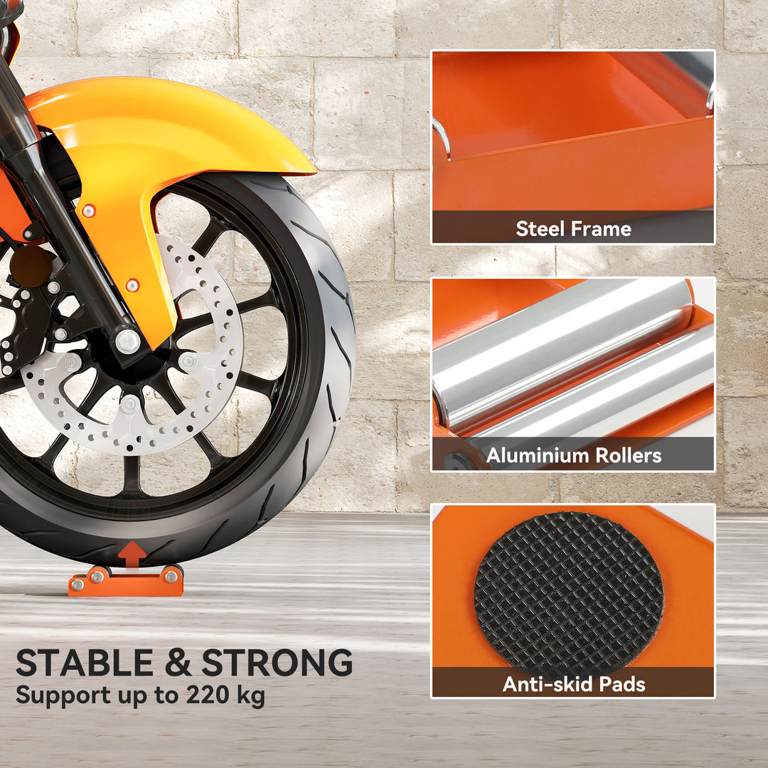 Motorcycle Wheel Cleaning Roller Stand with Steel Frame, Aluminium Rollers, Motorcycle Maintenance Stand for Tyre Cleaning and Chain Lubrication, Fit Tyre Width < 180mm, Bikes < 485lb, Orange