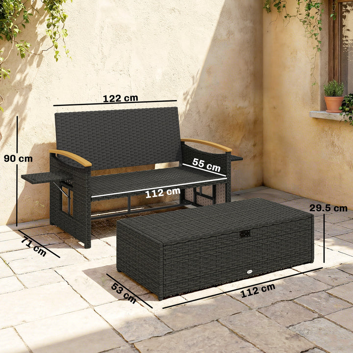 Double Garden Rattan Daybed, Wicker Sun Bed Chaise Lounger with Storag