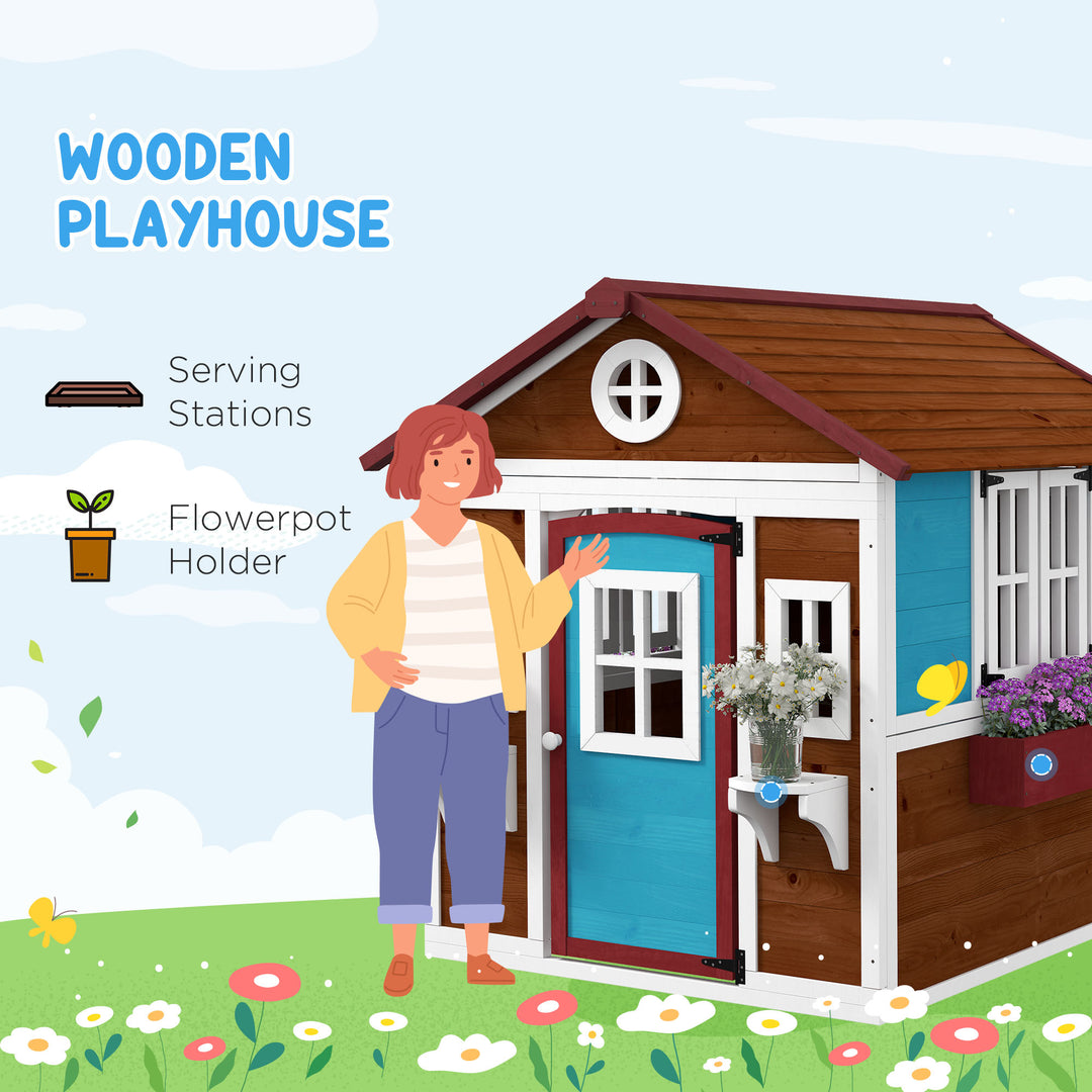 Wooden Playhouse with Doors, Windows, Plant Pots, Boxes, for 3-8 Years - Dark Brown