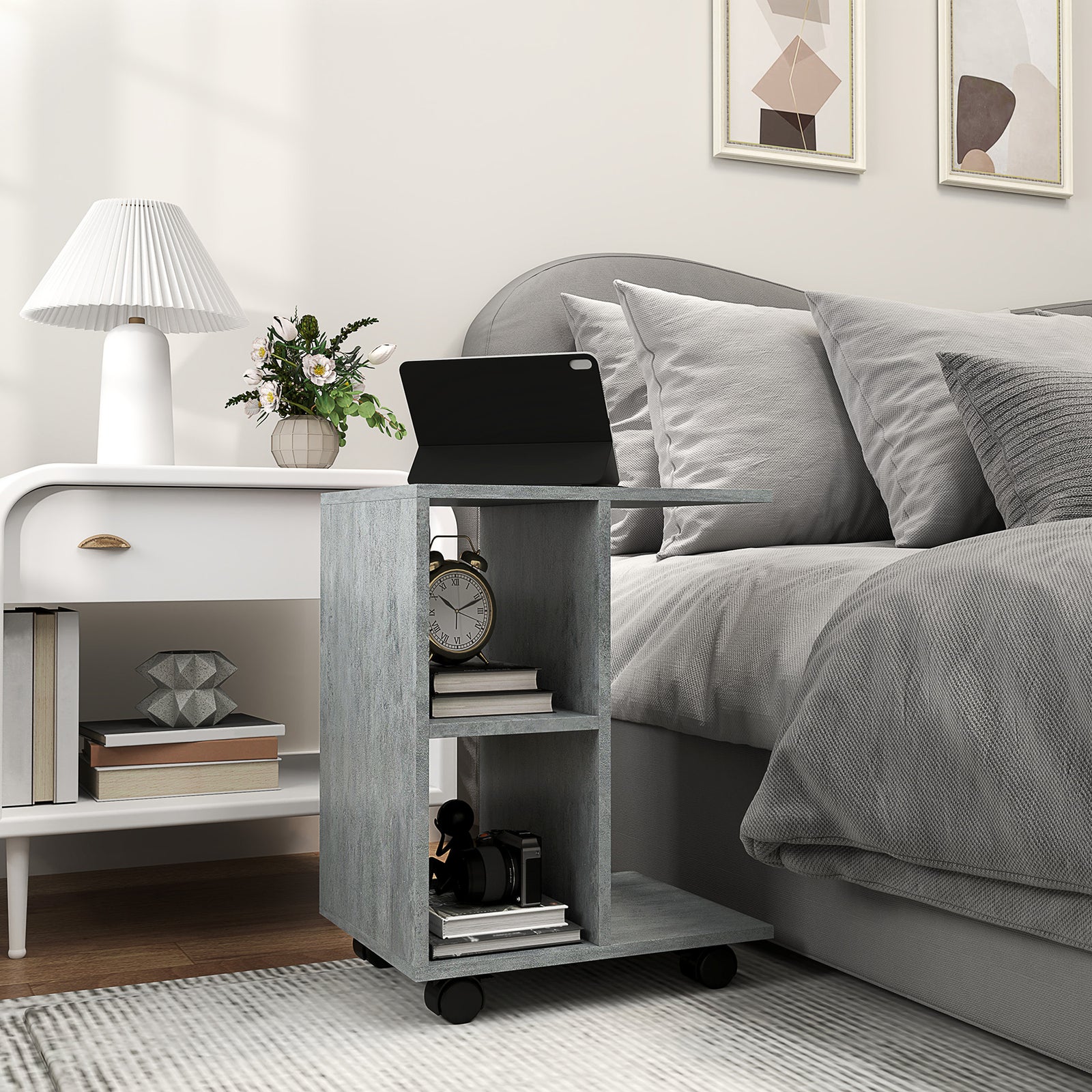 C-Shape End Table Unique Storage Unit w/ 2 Shelves 4 Wheels Freestanding Home Office Furniture Cabinet Square Studio Grey