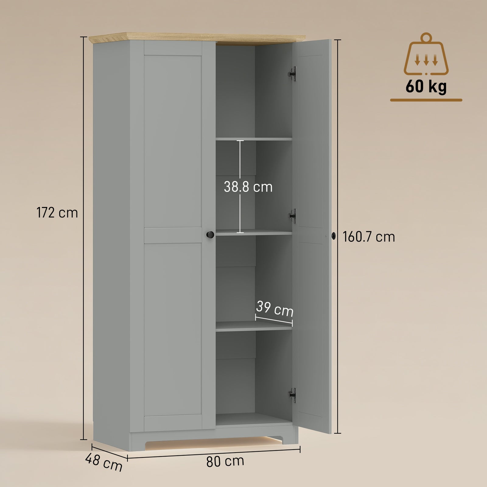 Kitchen Cupboard, 172cm Freestanding Storage Cabinet with Doors and Sh