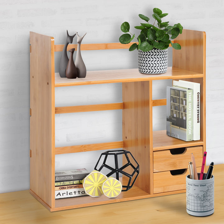 HOMCOM Desk Organiser, Bamboo Desktop Bookshelf with 2 Drawers and Stationery Storage, Reversible Use | Aosom UK