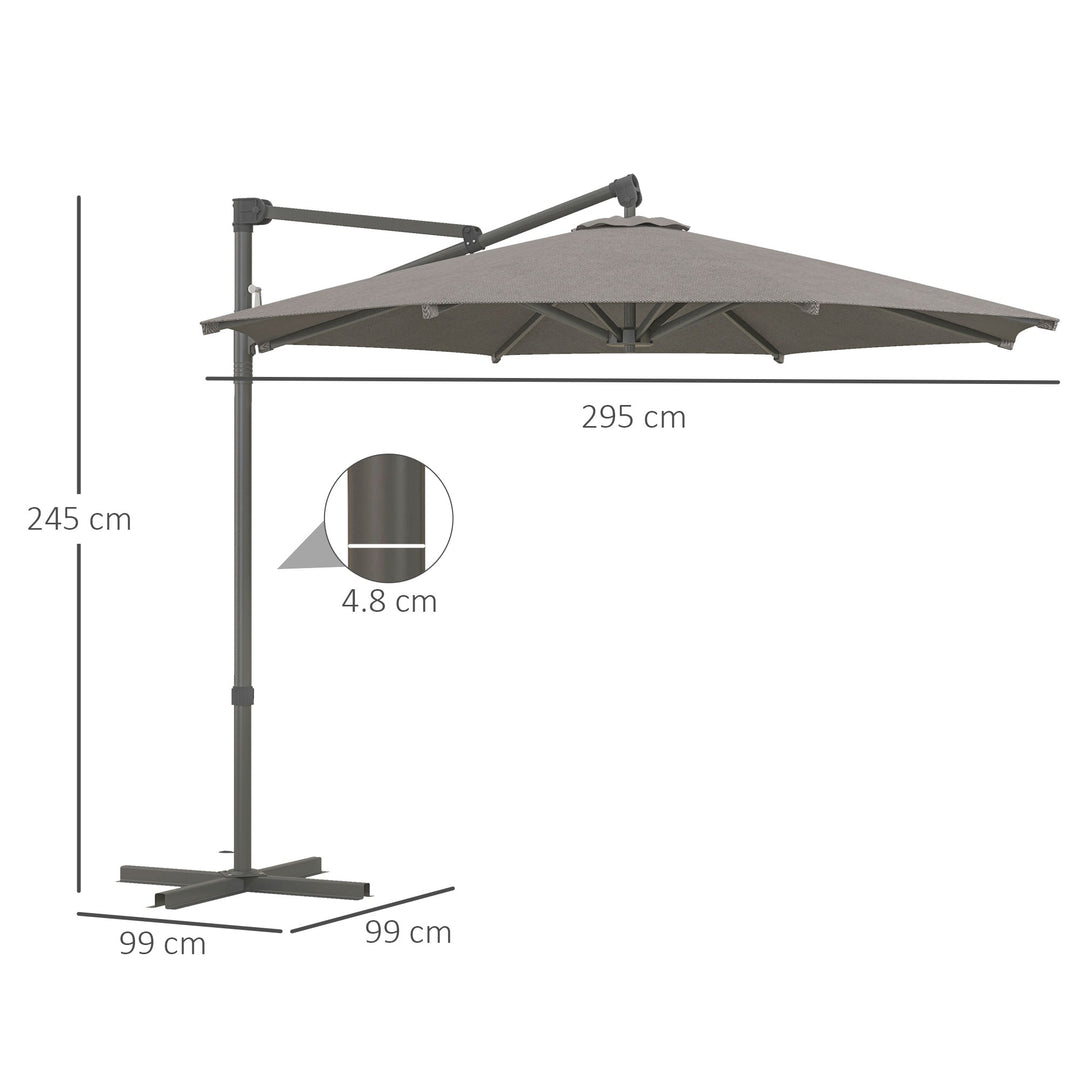 Outsunny 3 m Cantilever Banana Parasol with Cross Base, 360° Rotation Patio Umbrella with Crank Handle, Tilt, Dark Grey