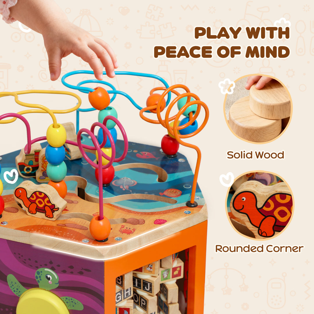 MCL Wooden Activity Cube, Baby Toys with Bead Maze, Pattern Sorter for Toddlers Boys and Girls 18+ Months