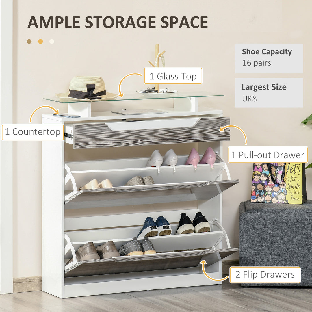 Shoe Storage Cabinet with Slide Out Drawer, 2 Flip Doors, Tempered Glass Top - Grey