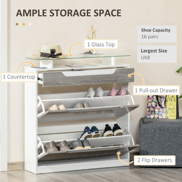Shoe Storage Cabinet with Slide Out Drawer, 2 Flip Doors, Tempered Glass Top - Grey
