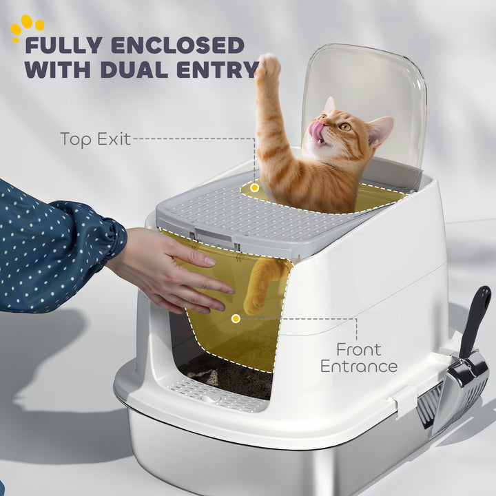 Large Stainless Steel Litter Box, Enclosed Metal Cat Litter Tray with 