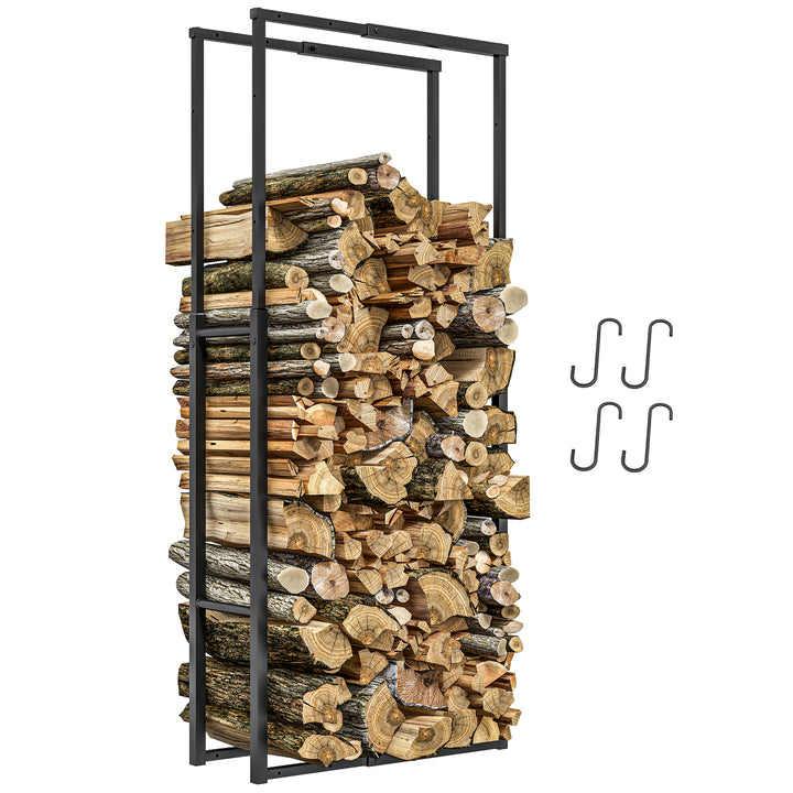 Outsunny Firewood Log Rack, Retractable Metal Wood Store Holder, Indoor Outdoor Fireplace Log Storage Shelf with Hooks, 65 x 25 x 150 cm, Black