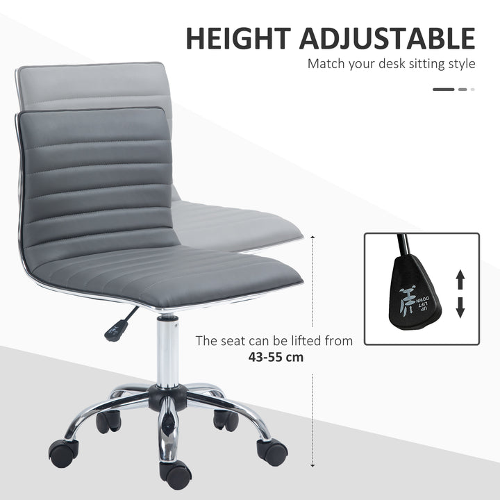Armless Task Desk Chair, Swivel Office Chair with Faux Leather, Adjustable Seat Height, Chrome Base, Wheels for Home, Dark Grey