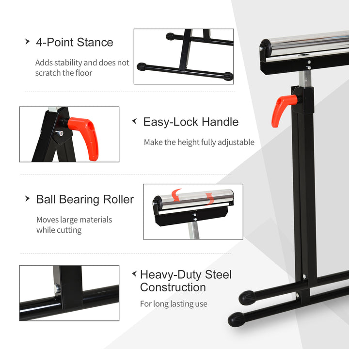 Set of 2 Folding Roller Stand, Material Support Pedestal with Ball Bearing Roller Height Adjustable Portable, Metal Construction, Black