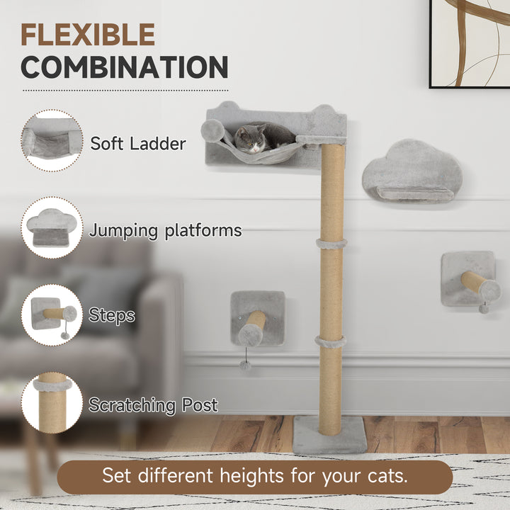 4-Piece Cat Shelves w/ Scratching Post, Steps, Jumping Platform, Ladder, Toy Balls, for Indoor Cats, Light Grey