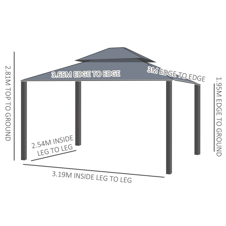 3.65 x 3m Aluminium Hardtop Gazebo, with Accessories - Dark Grey