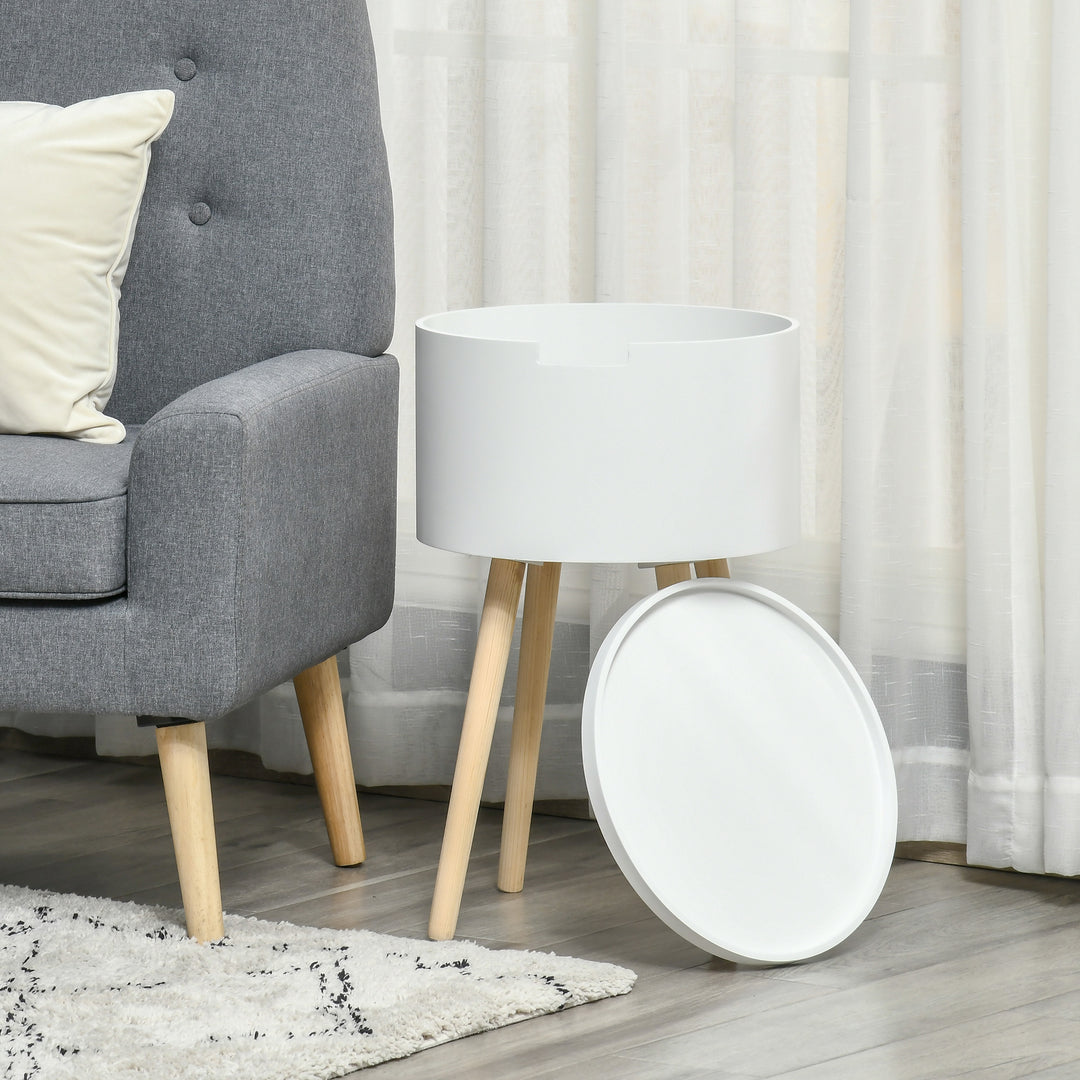 Modern Side Table with Hidden Storage Space, Round Night Stand with Removable Tray Wood Frame End Coffee Table for Living Room, White