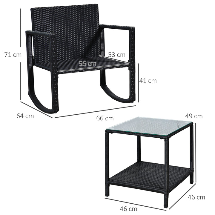 3 Pieces Rattan Garden Rocking Chair Set, Outdoor Rocking Bistro Set w/ 2 Cushioned Armchair and Glass Top Two-tier Coffee Table, Black