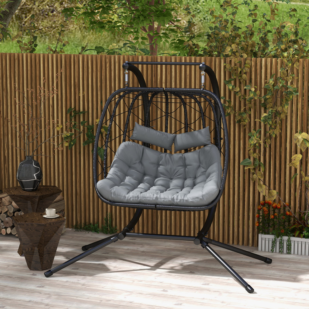 Outsunny Outdoor PE Rattan Double-seater Swing Chair w/ Thick Padded Cushion, Patio Hanging Chair for 2 w/ Metal Stand, Headrest, Black