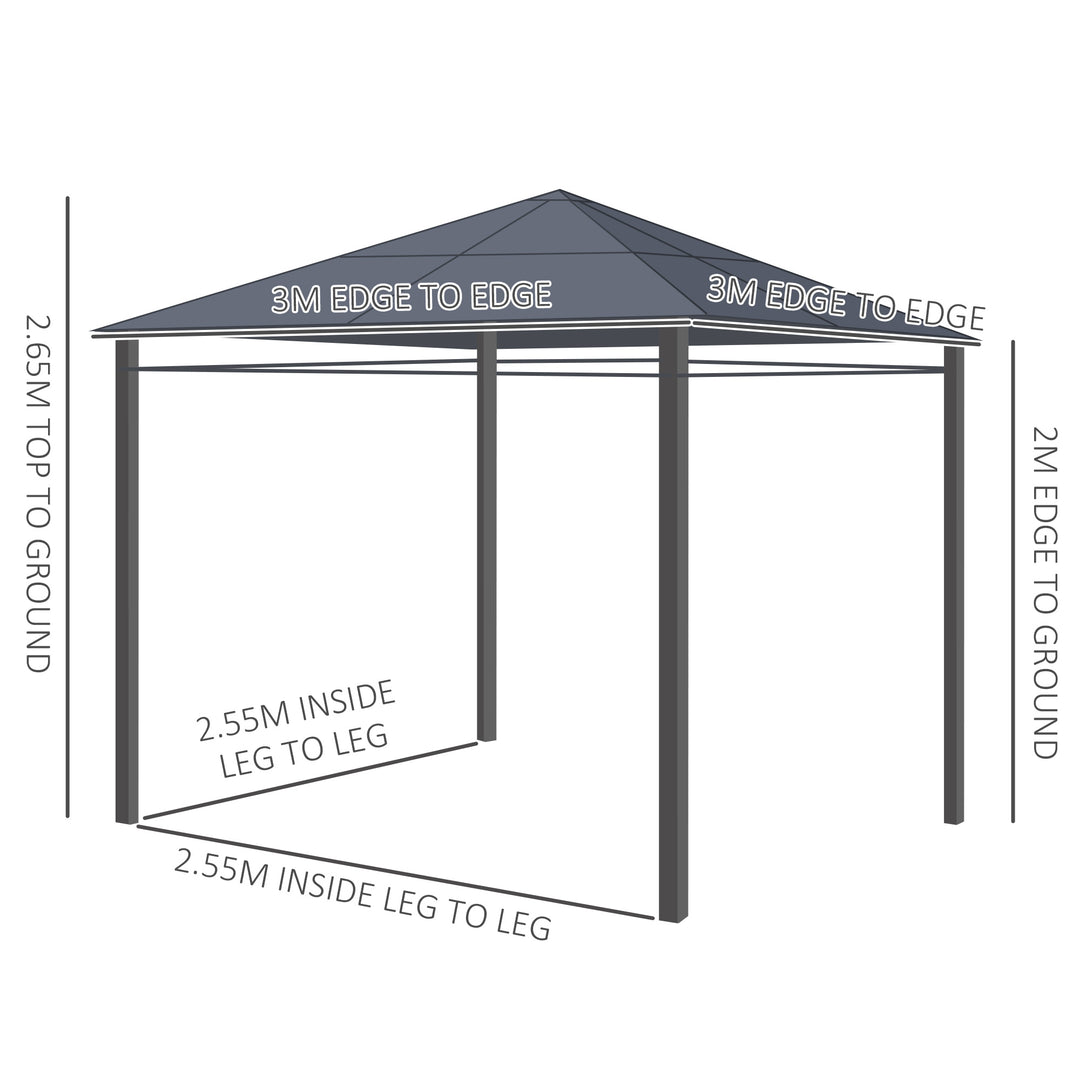 Outsunny 3 x 3(m) Hardtop Gazebo with UV Resistant Polycarbonate Roof, Steel & Aluminum Frame, Garden Pavilion with Curtains, Grey