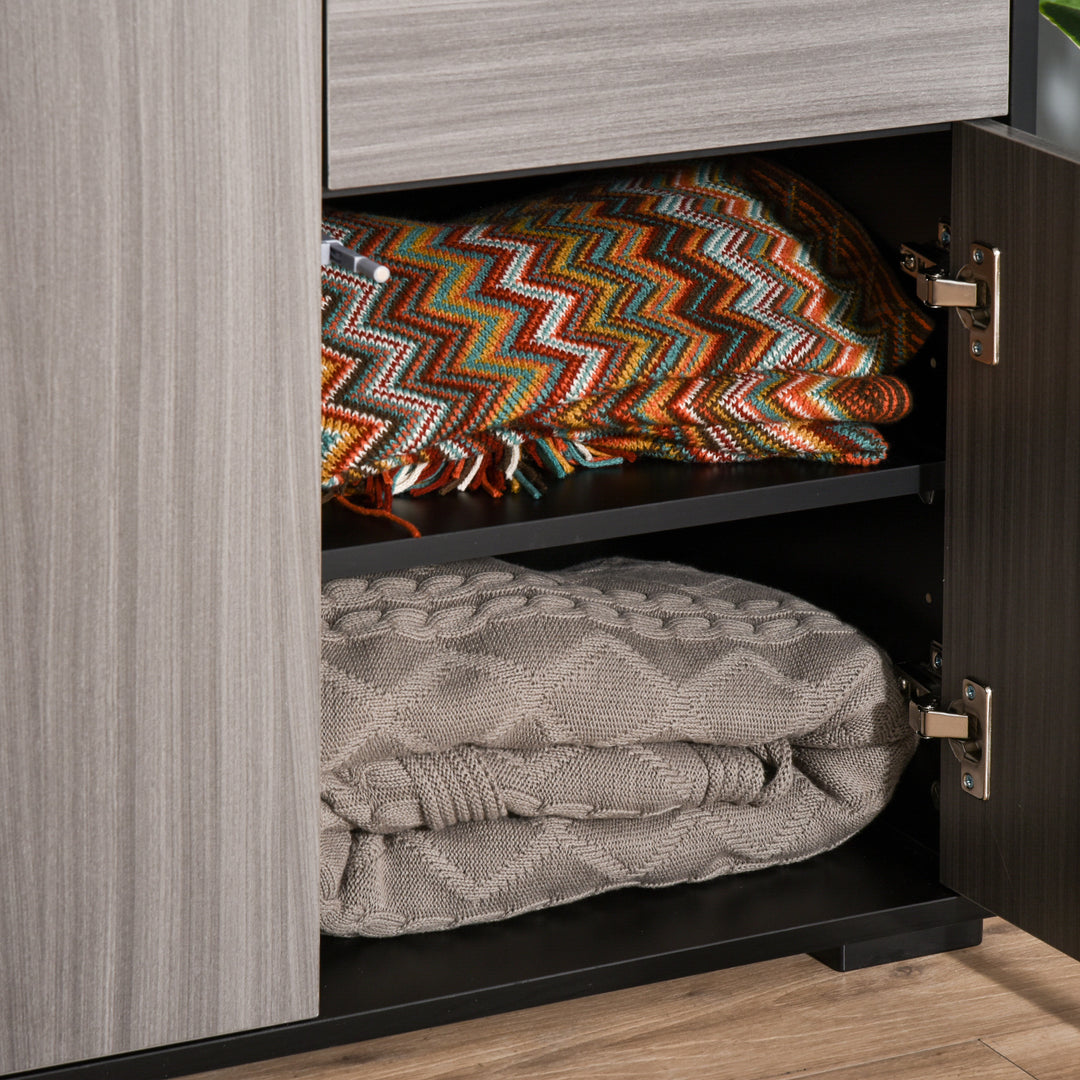 High Gloss Side Cabinet, Push-Open Design with 2 Drawers and 2 Cabinets for Living Room, 74H x 117W x 36Dcm, Light Grey and Black