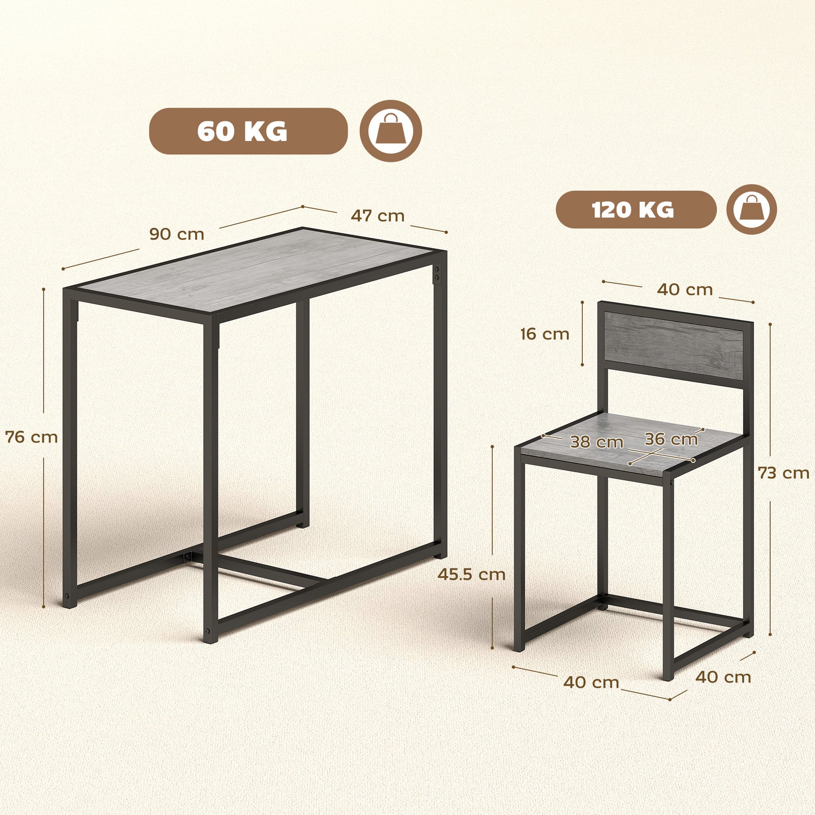 3 Piece Table Stool Set - Charcoal Grey Wood-Effect