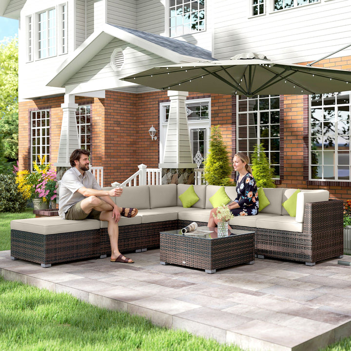 8 Piece Rattan Corner Sofa Set with Wide & Deep Seat, Assembled Aluminium PE Rattan Garden Furniture Set with Thick Cushions and Glass Top Table for Outdoor, Conservatory, Mixed Brown