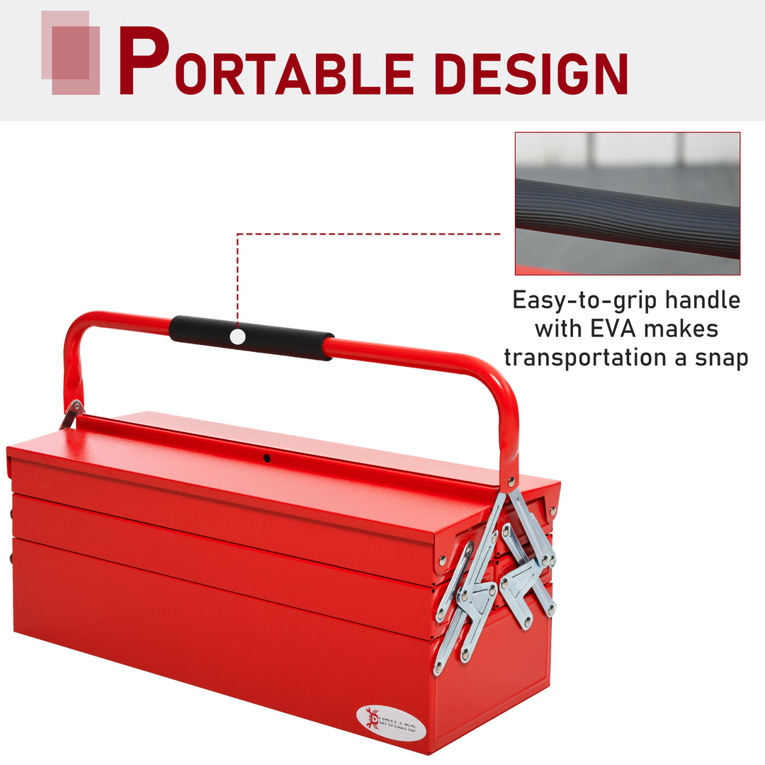 DURHAND Professional Metal Tool Box, 3 Tier 5 Tray Cantilever Storage Cabinet with Carry Handle, 57cm x 21cm x 41cm, Red | Aosom UK