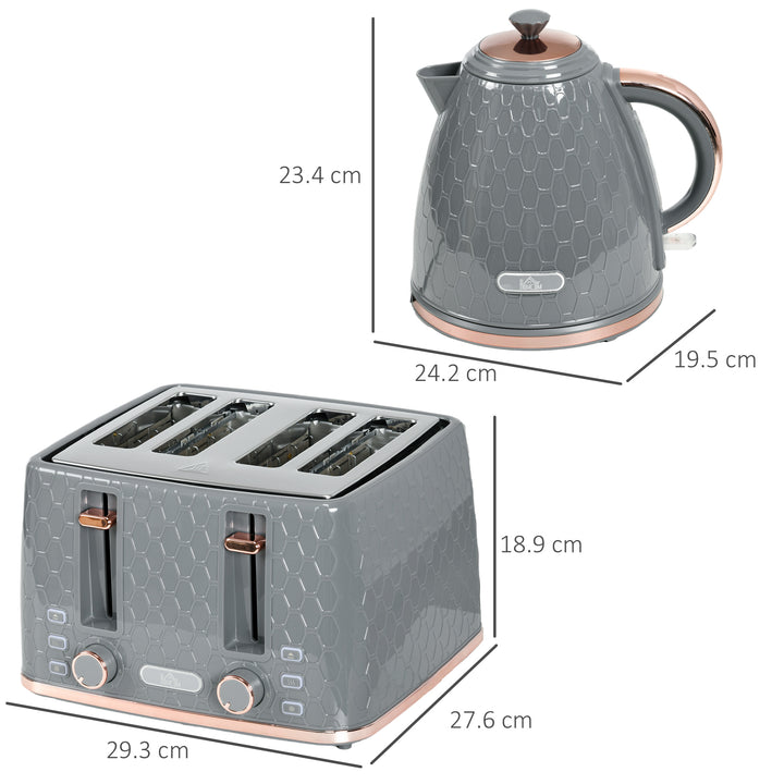 HOMCOM 1.7L 3000W Fast Boil Kettle & 4 Slice Toaster Set, Kettle and Toaster Set with 7 Browning Controls, Crumb Tray, Grey