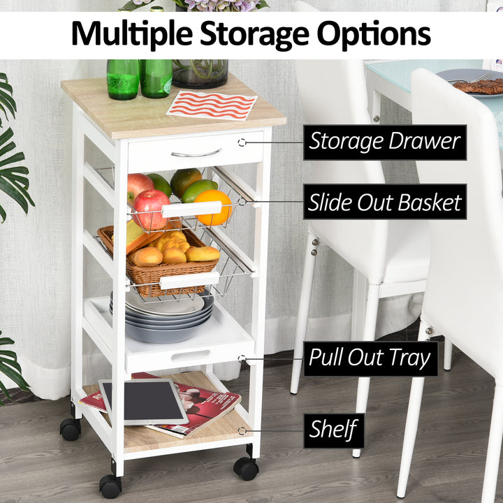 Mobile Rolling Kitchen Island Trolley for Home w/ Metal Baskets Trays Shelves Wheels Compact Stylish Storage White