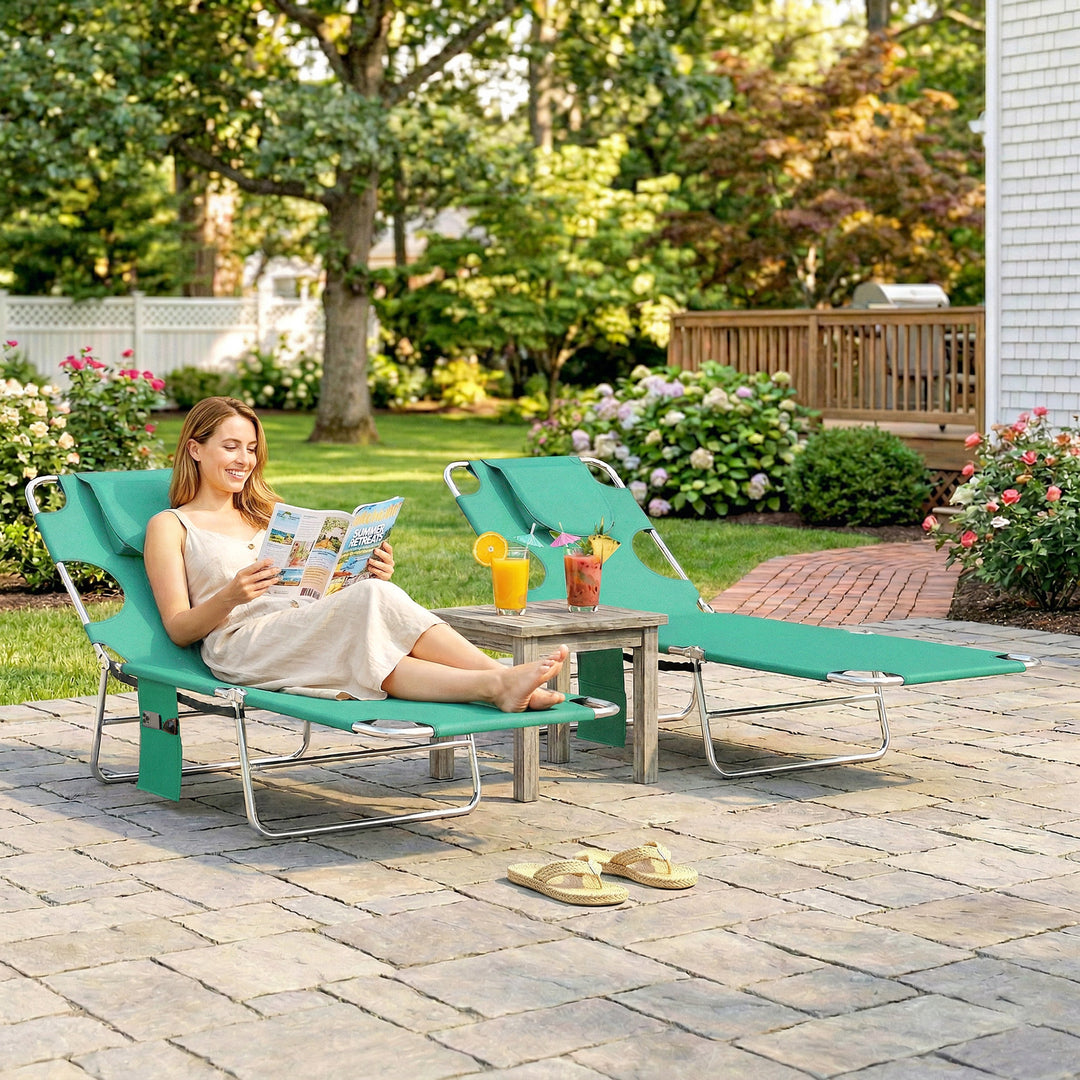 5-Position Adjustable Sun Loungers Set of 2 with Reading Hole and Side
