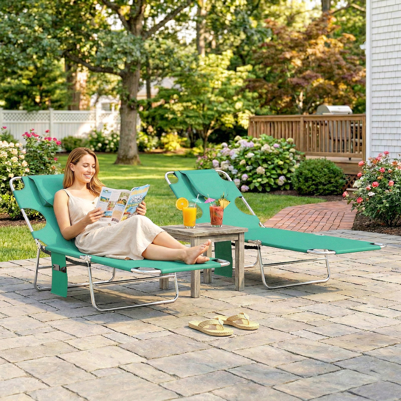 5-Position Adjustable Sun Loungers Set of 2 with Reading Hole and Side