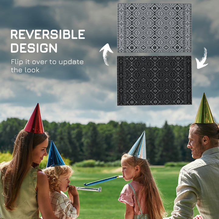 182 x 274cm Reversible Patterned Outdoor Rug, with Bag - Black/Grey