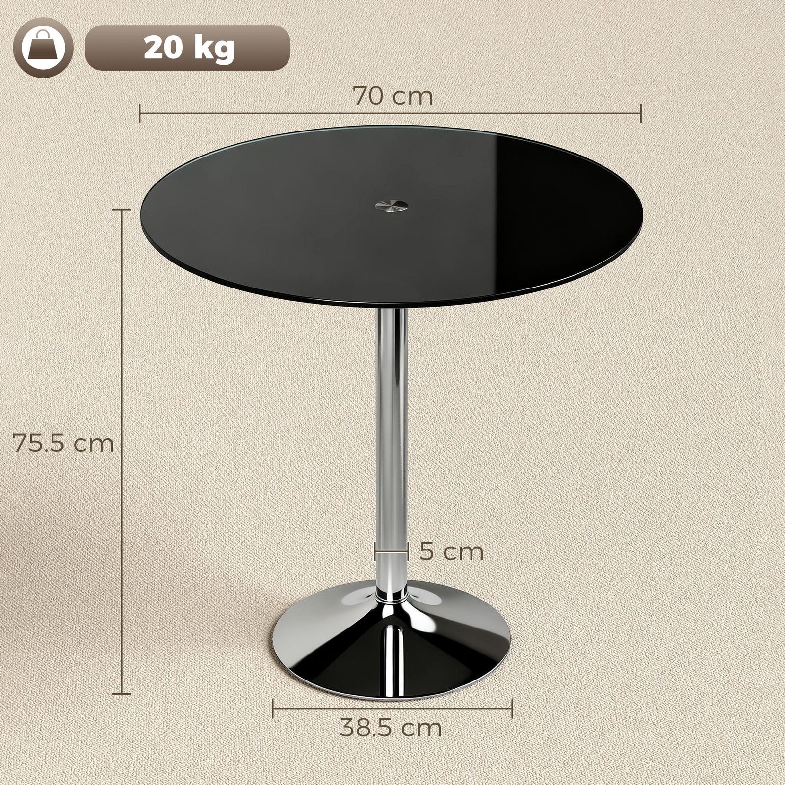Round Bar Table, Modern Dining Table with Tempered Glass Top and Steel