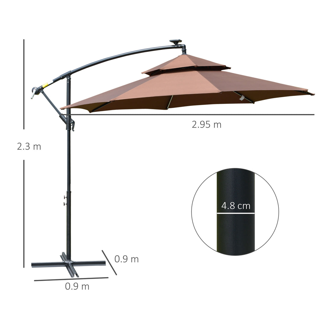 3(m) Cantilever Banana Parasol Hanging Umbrella with Double Roof, LED Solar lights, Crank, 8 Sturdy Ribs and Cross Base for Outdoor, Garden, Patio, Coffee